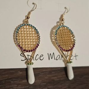 Spice Market, NEW, Tennis Racket Earrings, Bling Blue, Green & Red White Handle